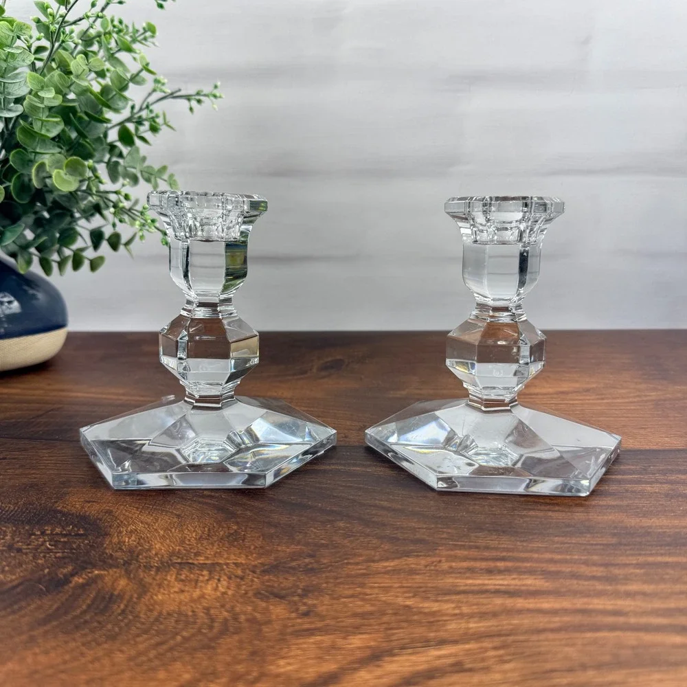 Val St Lambert Crystal Candlestick Holders Pair Hexagonal Base Belgian Glass